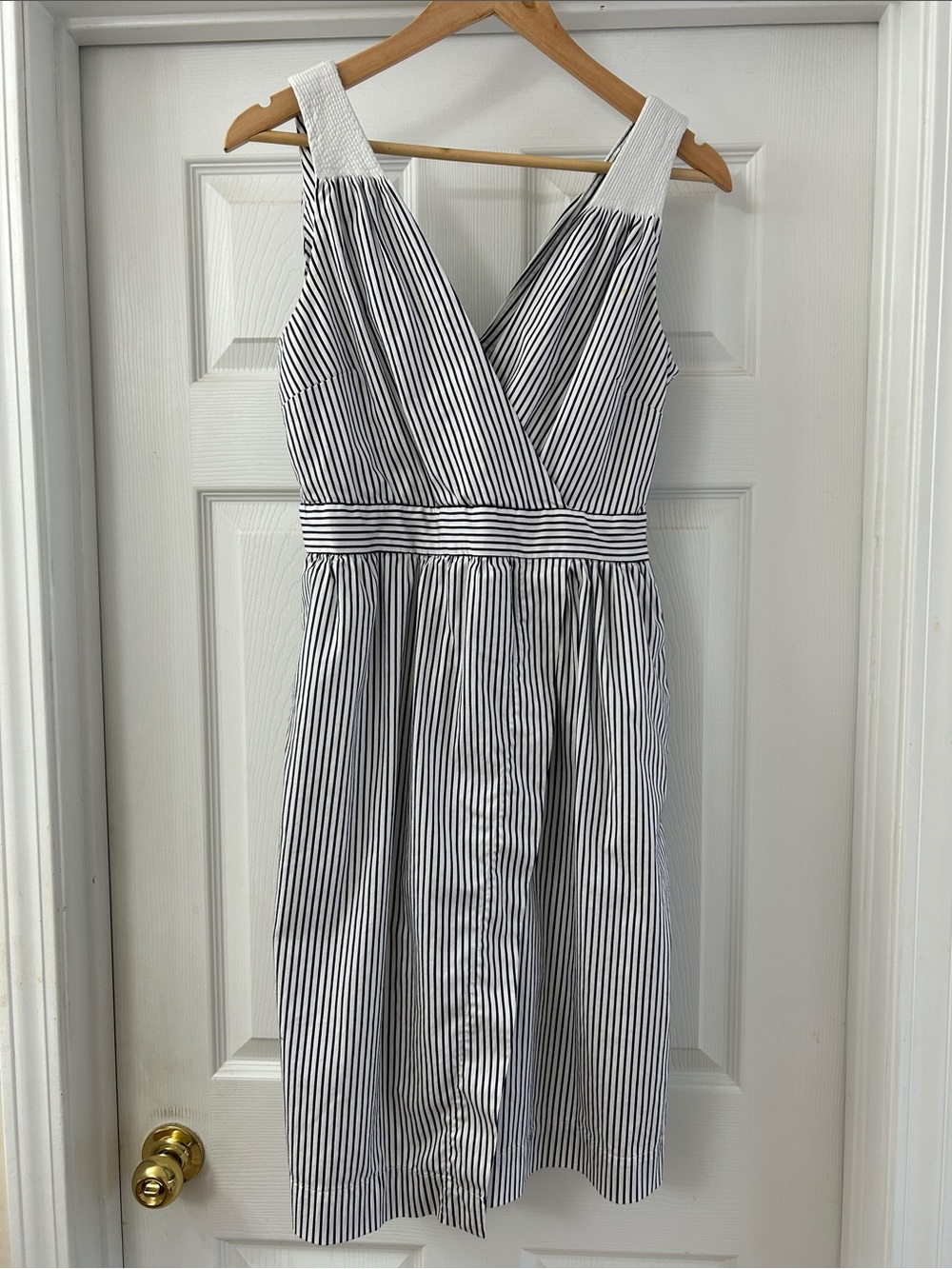Banana Republic White and Navy Striped Knee Length Dress with Pockets